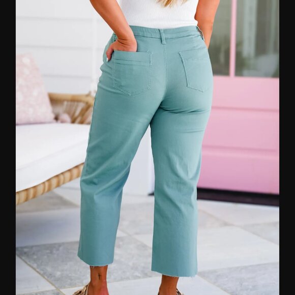 YMI High Rise Trouser Cropped Wide Leg Jeans in Mint Green - Picture 2 of 2